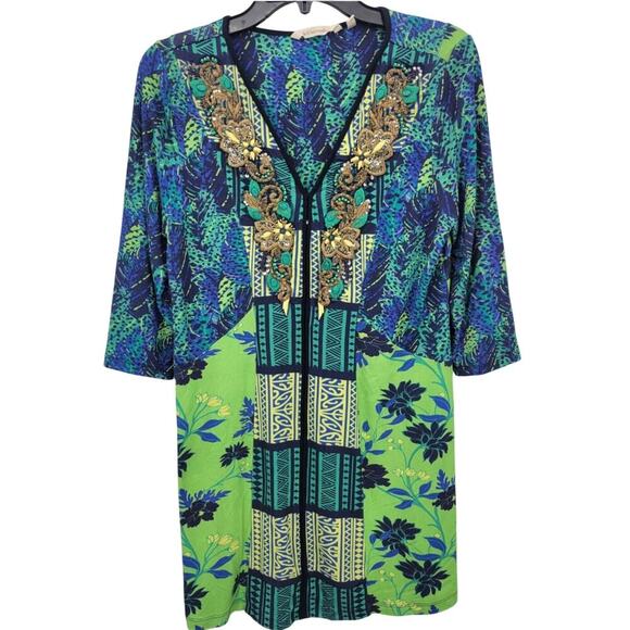 Soft Surroundings Green Blue Floral Sequin Beaded Embroidered Tunic Top Size XS - Picture 1 of 9